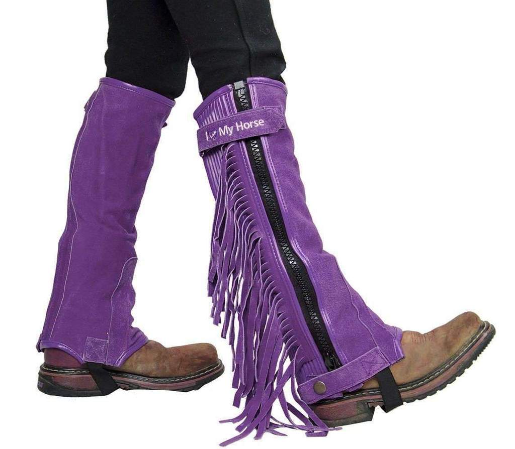 TAHOE TACK CHILDREN'S SUEDE LEATHER MULTI PURPOSE "I LOVE MY HORSE" HALF CHAPS WITH FRINGES FOR HORSEBACK RIDING OR MOTORCYCLE USE Purple