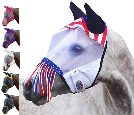 DERBY ORIGINALS UV-BLOCKER PREMIUM REFLECTIVE SAFETY HORSE FLY MASK WITH EARS AND NOSE FRINGE WITH ONE YEAR WARRANTY