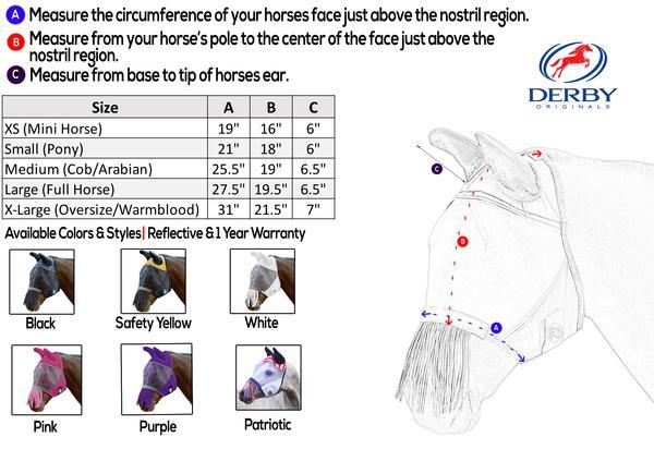 DERBY ORIGINALS UV-BLOCKER PREMIUM REFLECTIVE SAFETY HORSE FLY MASK WITH EARS AND NOSE FRINGE WITH ONE YEAR WARRANTY