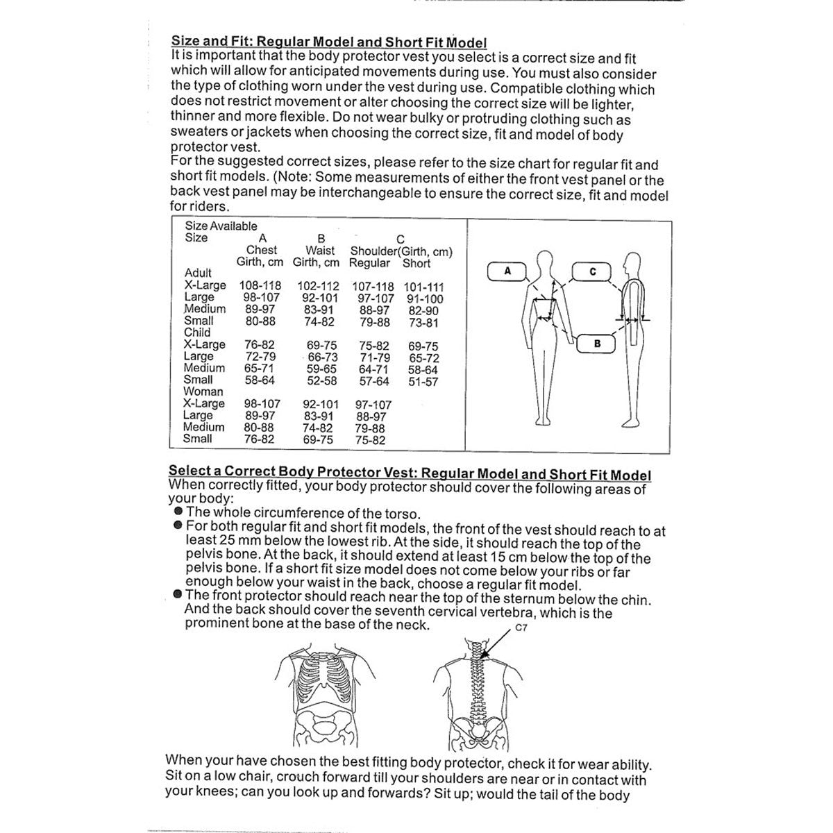 SIZE AND FIT REGULAR AND SHORT FIT MODEL CHART