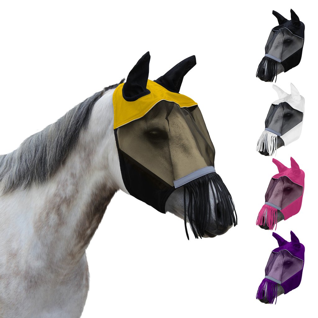 DERBY ORIGINALS UV-BLOCKER PREMIUM REFLECTIVE SAFETY HORSE FLY MASK WITH EARS AND NOSE FRINGE WITH ONE YEAR WARRANTY