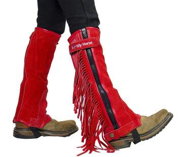TAHOE TACK CHILDREN'S SUEDE LEATHER MULTI PURPOSE "I LOVE MY HORSE" HALF CHAPS WITH FRINGES FOR HORSEBACK RIDING OR MOTORCYCLE USE Red