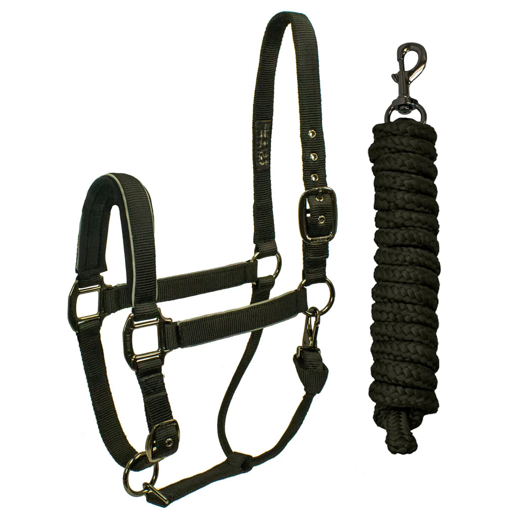 DERBY ORIGINALS DESERT ROSE COLLECTION BLACKOUT REFLECTIVE SAFETY STABLE HORSE HALTERS WITH MATCHING LEAD ROPES