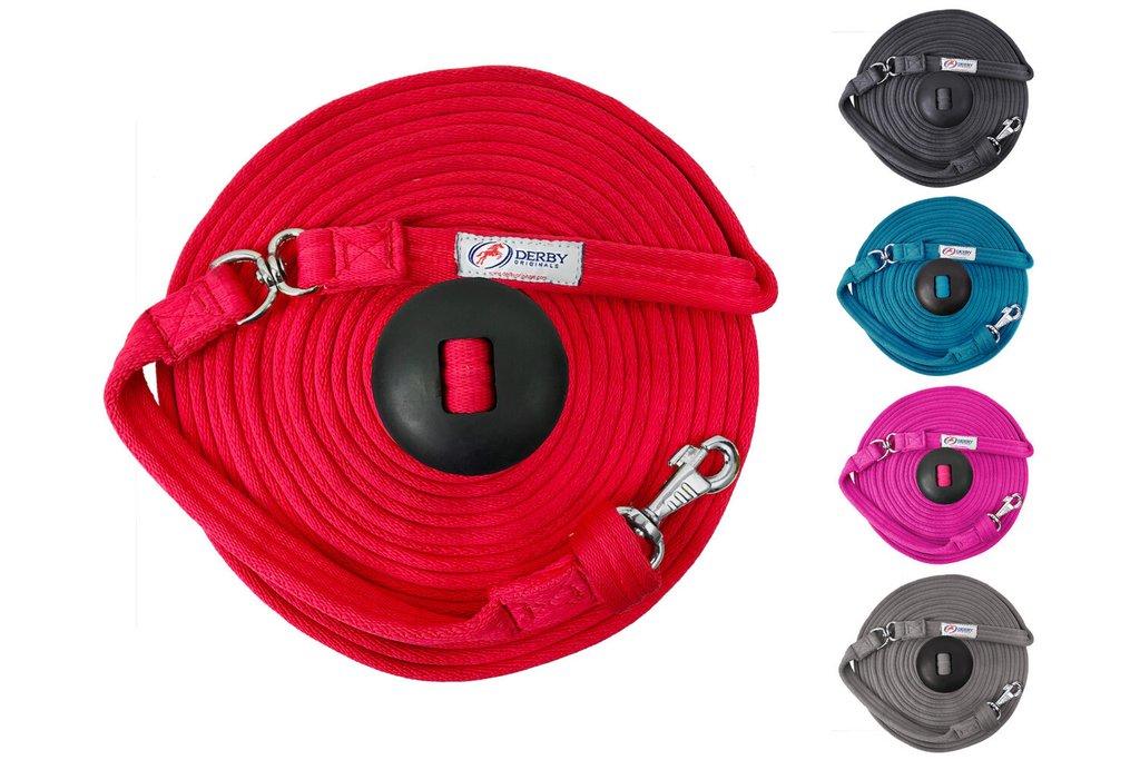 DERBY ORIGINALS PREMIUM SOFTGRIP 24' AND 34' COTTON SWIVEL LUNGE LINES WITH RUBBER STOPPER