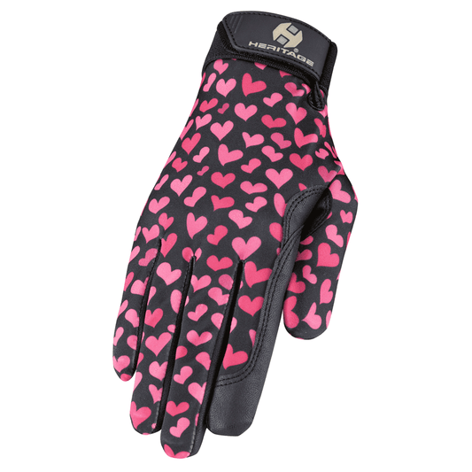HERITAGE PERFORMANCE HORSE RIDING GLOVES PINK HEARTS