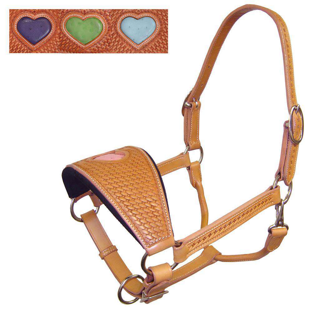 TAHOE TACK BASKET WEAVE USA LEATHER HEART INLAY BRONC HALTER - FOUR FUN COLORS